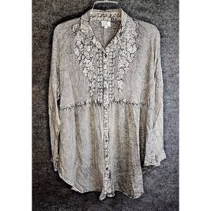 CC Chic Connection Gray Embroidered Crinkle Shirt Dress L Bottom Up Boho Casual